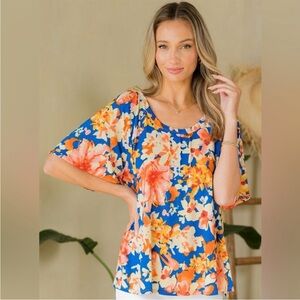 🆕 Sew In Love Blue and Orange Floral Blouse with Short Sleeves, XL
